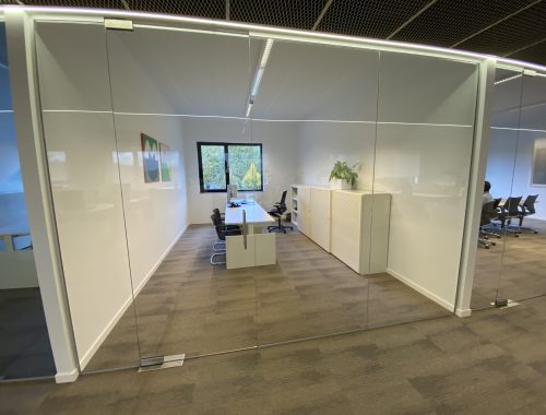 Een fris ontwerp van een kantoorruimte met glazen wanden en planten
